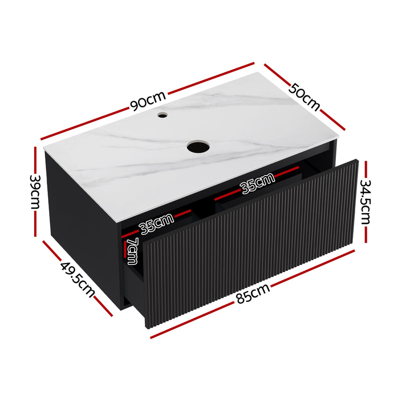 Vanity Unit 900mm Bathroom Cabinet Storage Wall Hung Grooved Timber Black with white stone countertop and storage drawer measurements