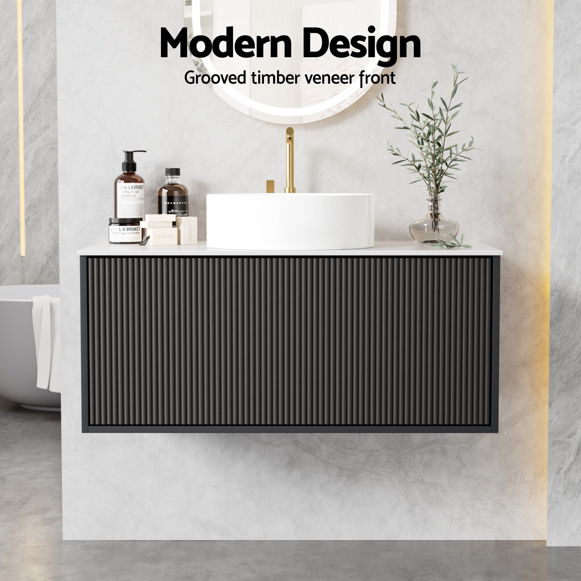 Vanity Unit 900mm Bathroom Cabinet Storage Wall Hung Grooved Timber Black with sintered stone countertop and modern design