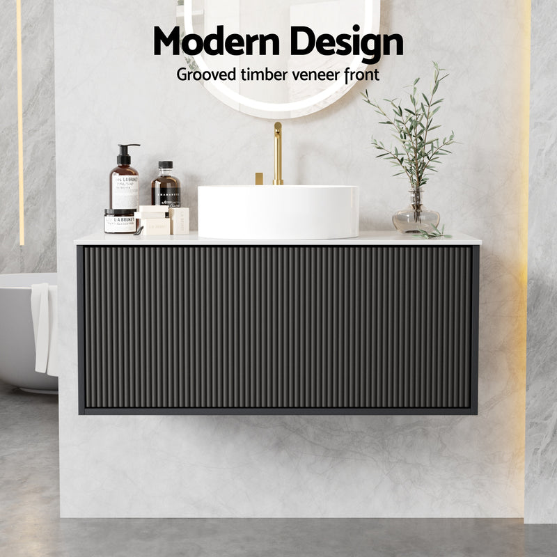 Vanity Unit 900mm Bathroom Cabinet Storage Wall Hung Grooved Timber Black with sintered stone countertop and modern design