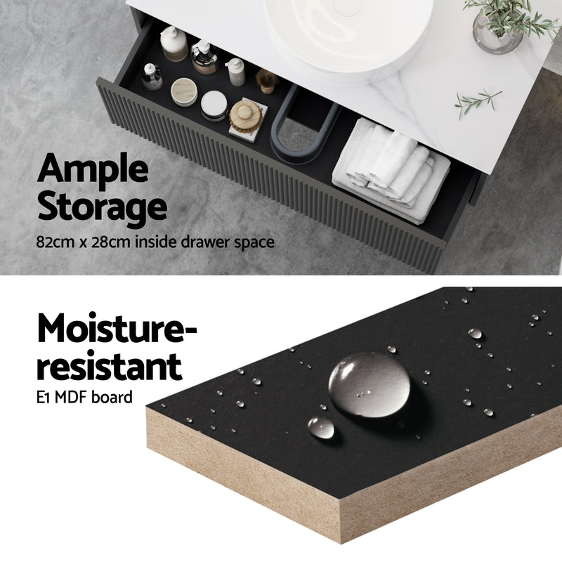 Vanity Unit 900mm Bathroom Cabinet Storage Wall Hung Grooved Timber Black with spacious drawer and moisture-resistant MDF board