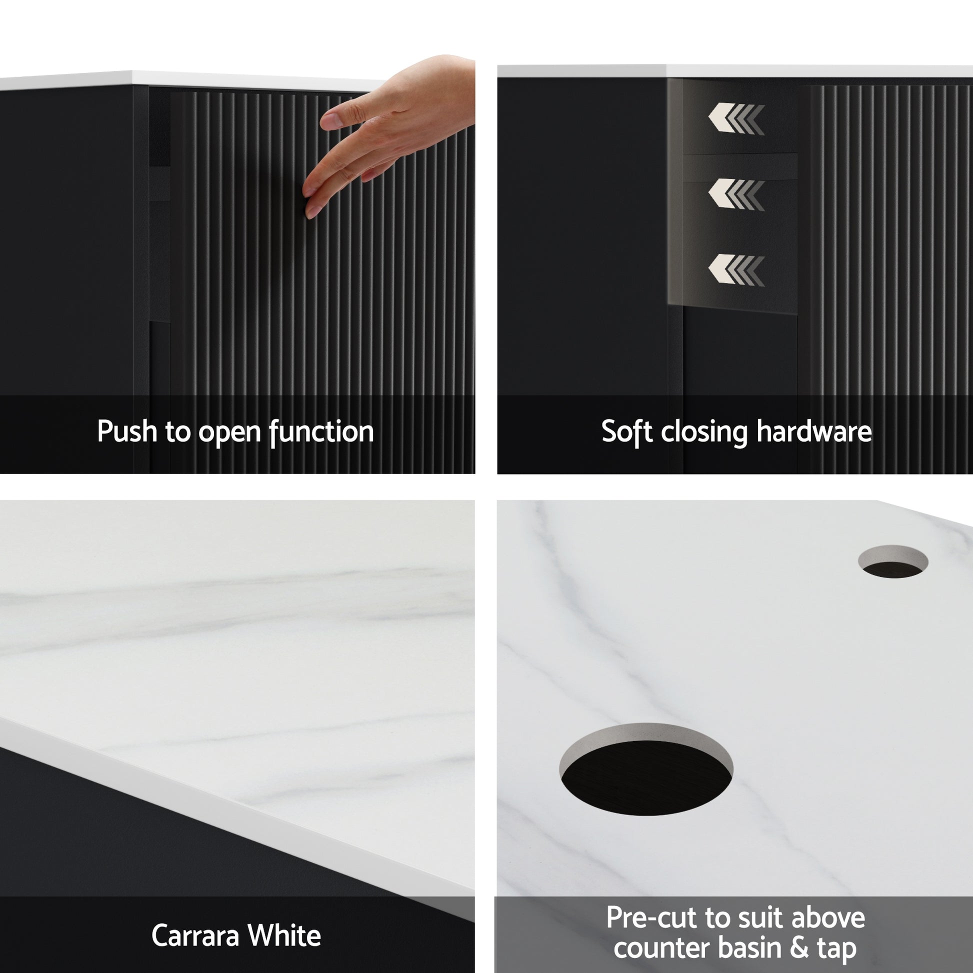 Vanity Unit 900mm Bathroom Cabinet Storage Wall Hung Grooved Timber Black with carrara white sintered stone top and soft close drawers