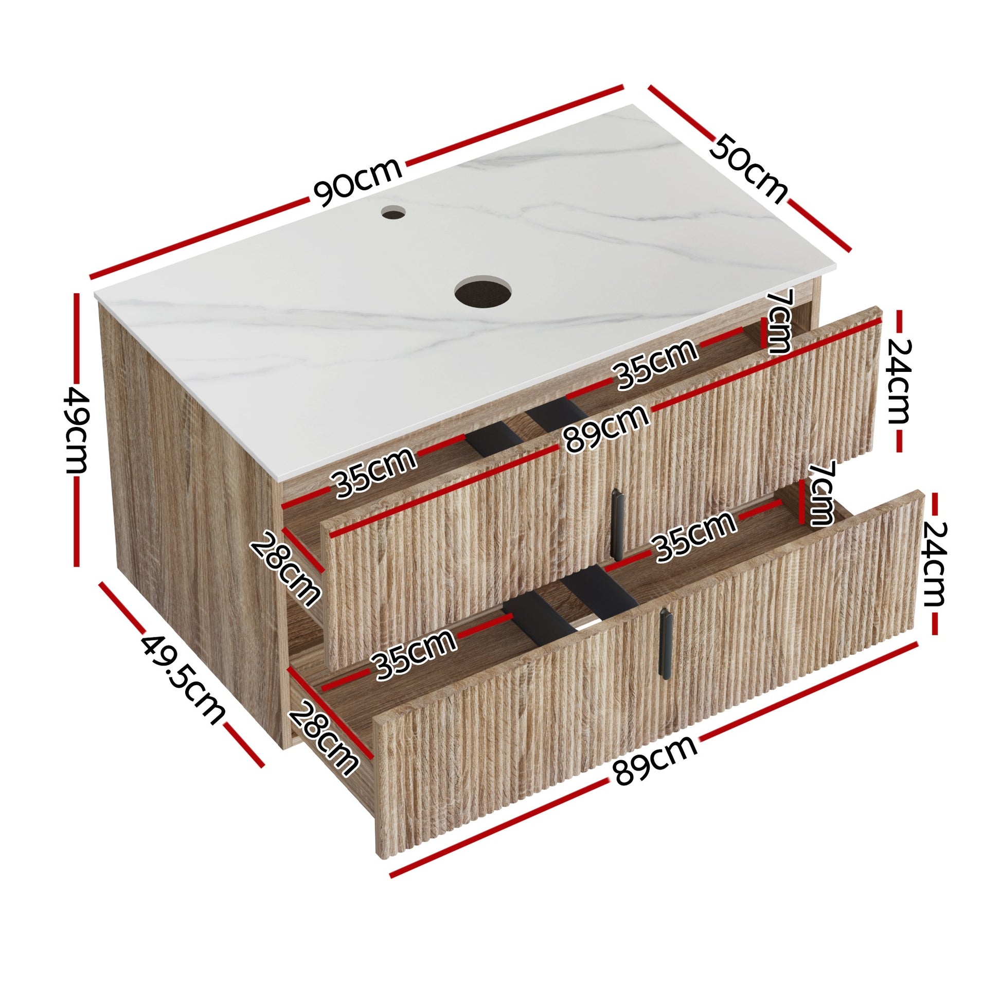 Vanity Unit 900mm Bathroom Cabinet Storage Wall Hung Timber Front Pine with two drawers and white countertop dimensions shown