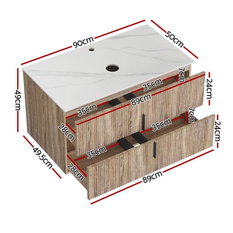 Vanity Unit 900mm Bathroom Cabinet Storage Wall Hung Timber Front Pine with two drawers and white countertop dimensions shown