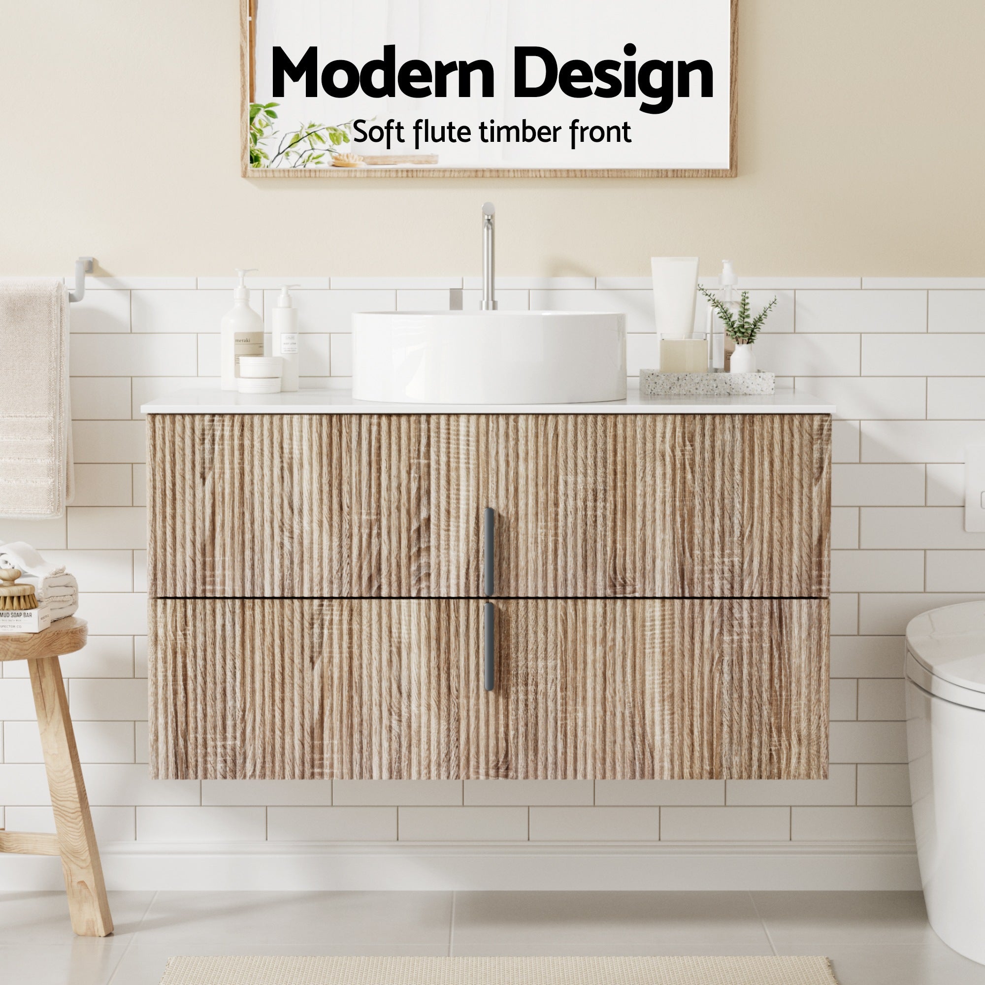 Vanity Unit 900mm Bathroom Cabinet Storage Wall Hung Timber Front Pine with soft flute timber front and white basin