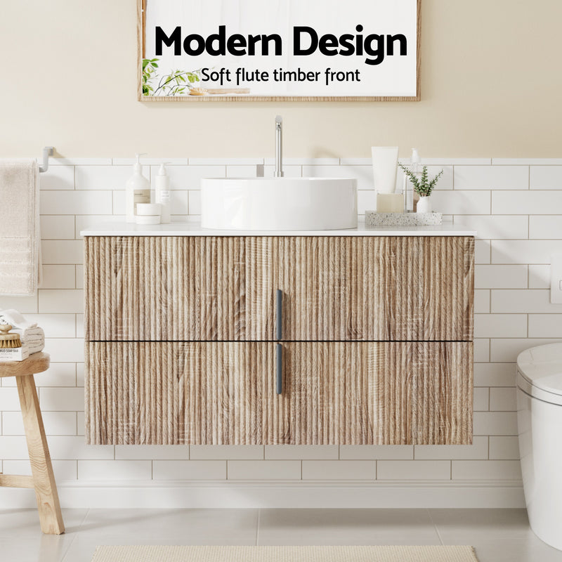 Vanity Unit 900mm Bathroom Cabinet Storage Wall Hung Timber Front Pine with soft flute timber front and white basin