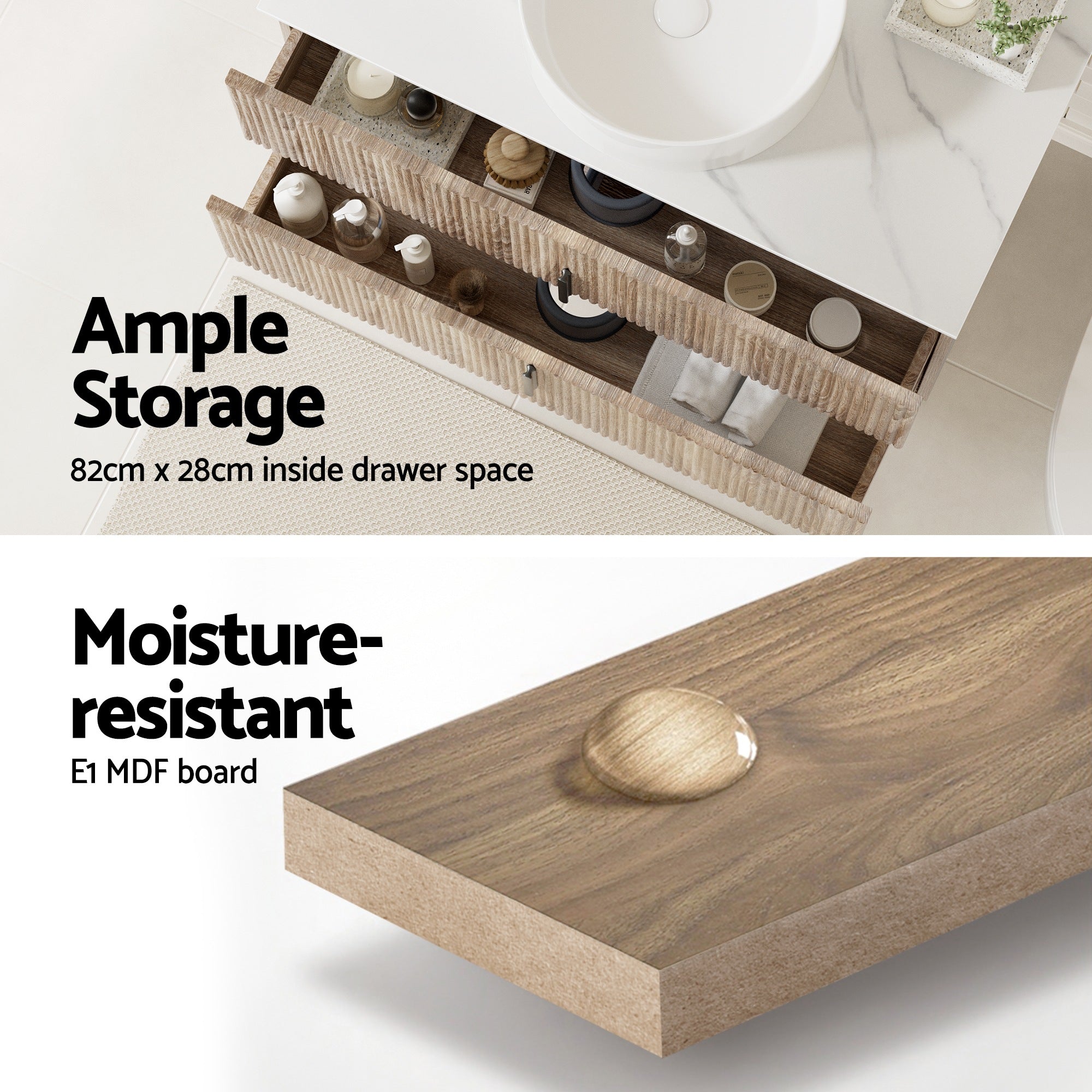 Vanity Unit 900mm Bathroom Cabinet Storage Wall Hung Timber Front Pine with open drawers and moisture-resistant MDF board close-up