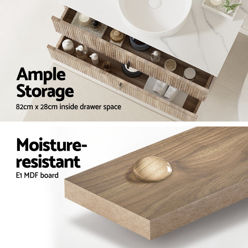 Vanity Unit 900mm Bathroom Cabinet Storage Wall Hung Timber Front Pine with open drawers and moisture-resistant MDF board close-up