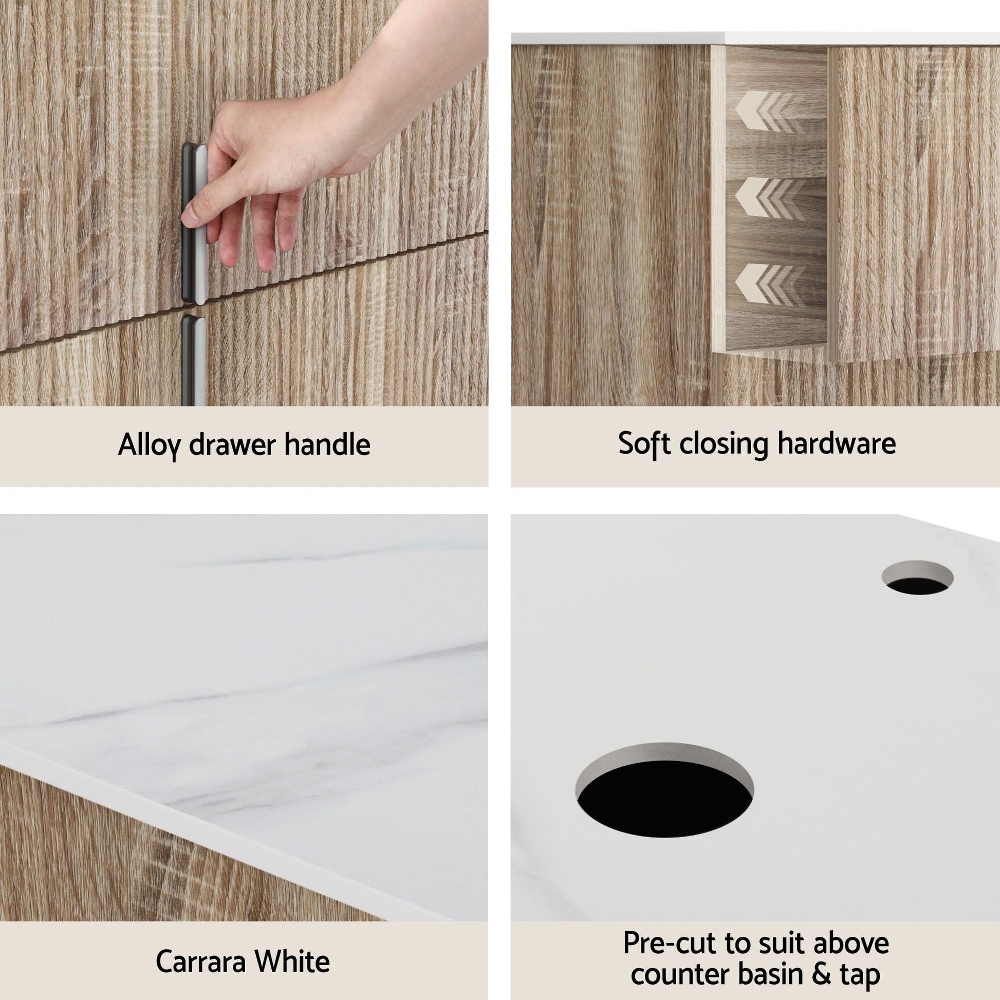 Close-up details of Vanity Unit 900mm Bathroom Cabinet Storage Wall Hung Timber Front Pine showing handles, soft close, Carrara top, and pre-cut holes