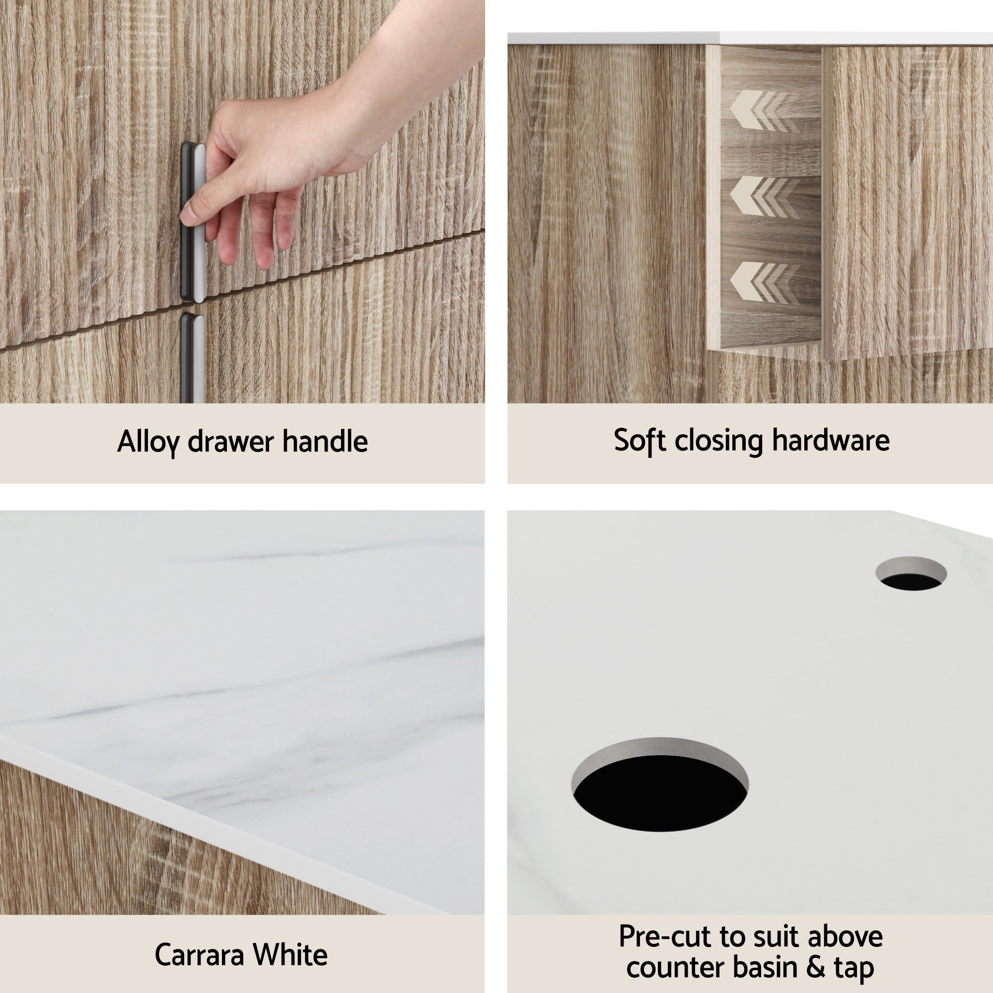 Close-up details of Vanity Unit 900mm Bathroom Cabinet Storage Wall Hung Timber Front Pine showing handles, soft close, Carrara top, and pre-cut holes