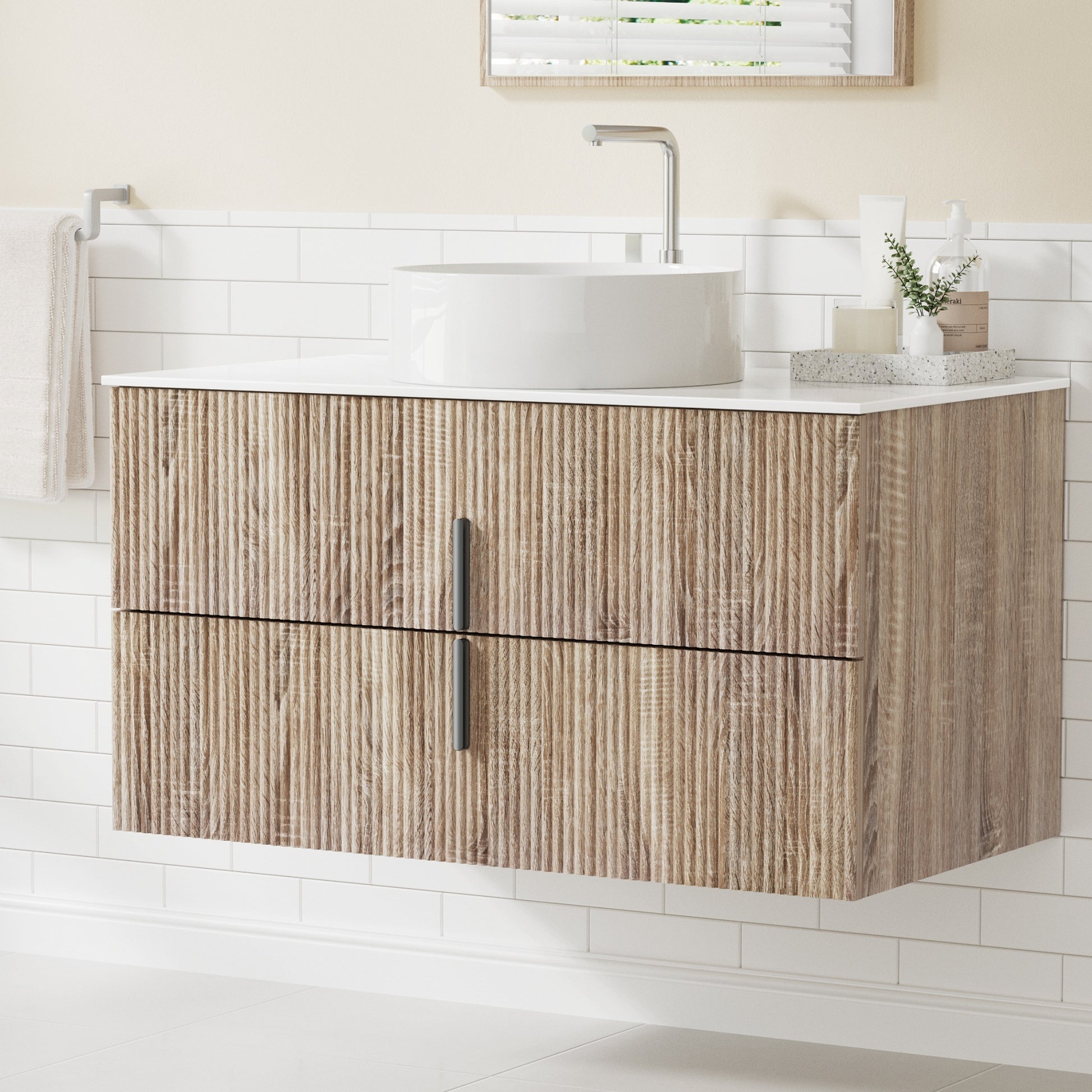 Vanity Unit 900mm Bathroom Cabinet Storage Wall Hung Timber Front Pine with white basin and modern faucet in bright bathroom