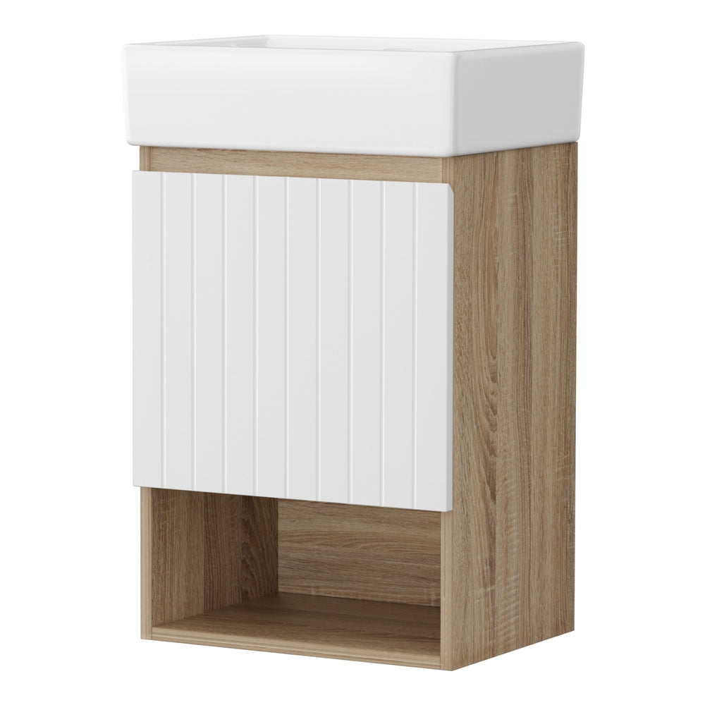 Vanity Unit 445mm Basin Bathroom Cabinet Storage Wall Hung Sink White with timber body and striped door design on white basin