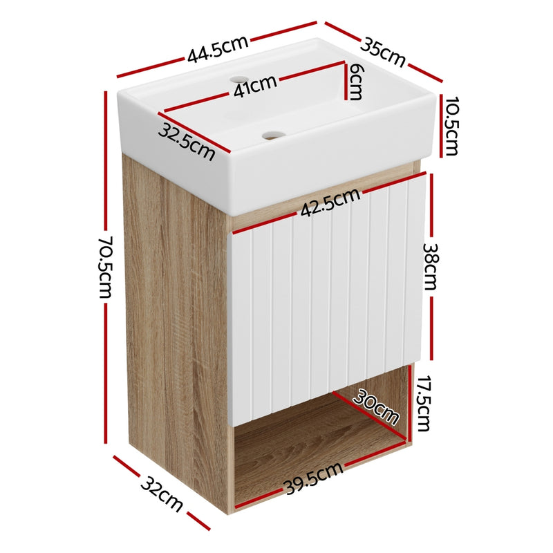 Vanity Unit 445mm Basin Bathroom Cabinet Storage Wall Hung Sink White with wood effect sides and striped white door