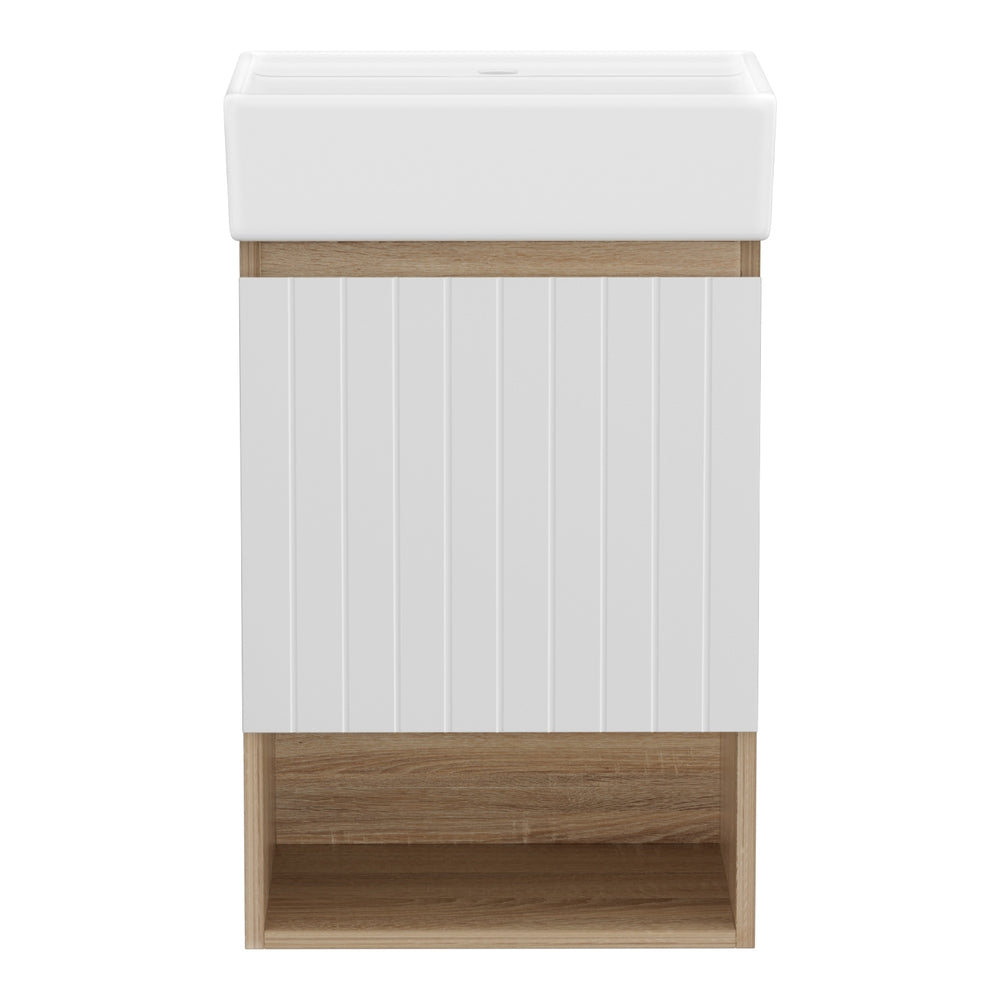 Vanity Unit 445mm Basin Bathroom Cabinet Storage Wall Hung Sink White with striped door and wood finish base