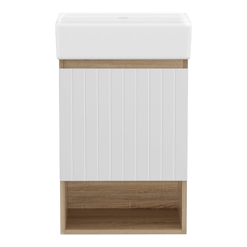 Vanity Unit 445mm Basin Bathroom Cabinet Storage Wall Hung Sink White with striped door and wood finish base