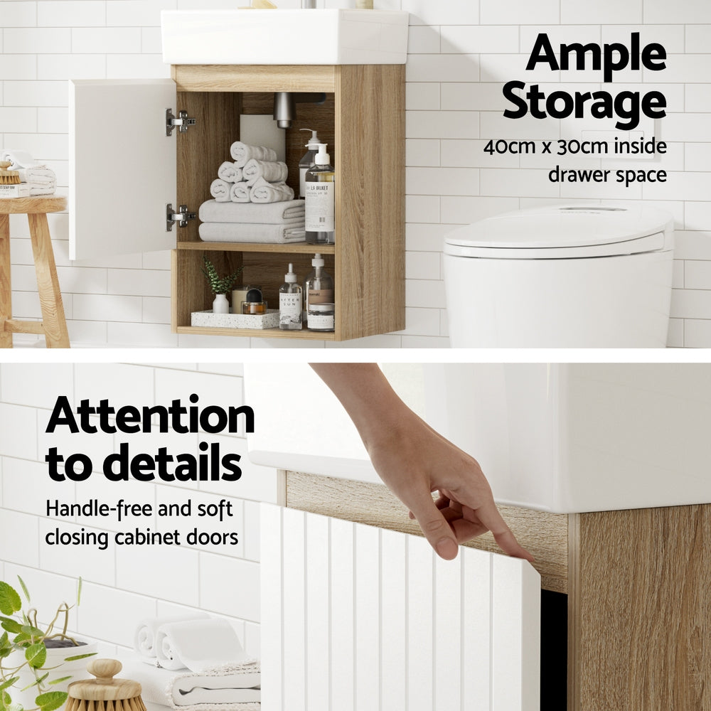 Vanity Unit 445mm Basin Bathroom Cabinet Storage Wall Hung Sink White with handle-free door and ample internal shelf storage