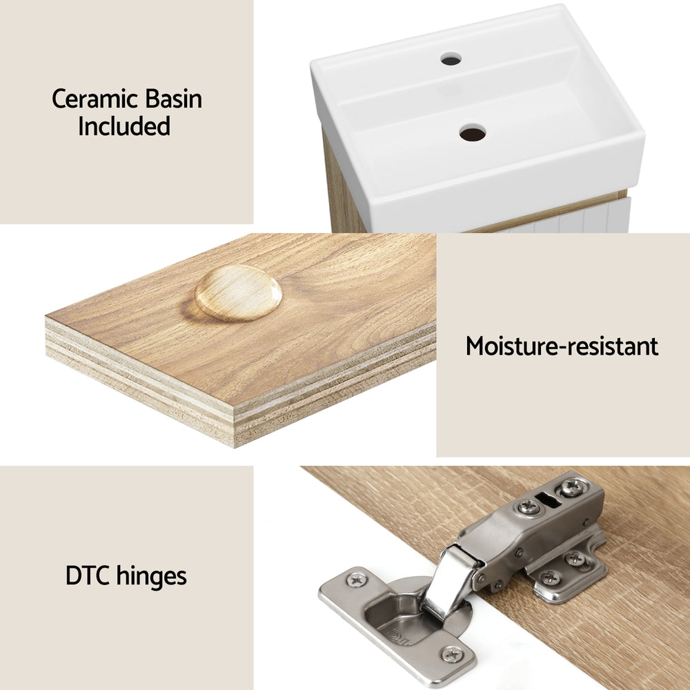 Vanity Unit 445mm Basin Bathroom Cabinet Storage Wall Hung Sink White with ceramic basin, moisture-resistant wood, and DTC hinges