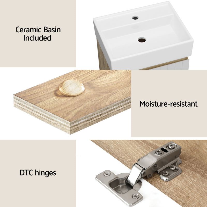 Vanity Unit 445mm Basin Bathroom Cabinet Storage Wall Hung Sink White with ceramic basin, moisture-resistant wood, and DTC hinges
