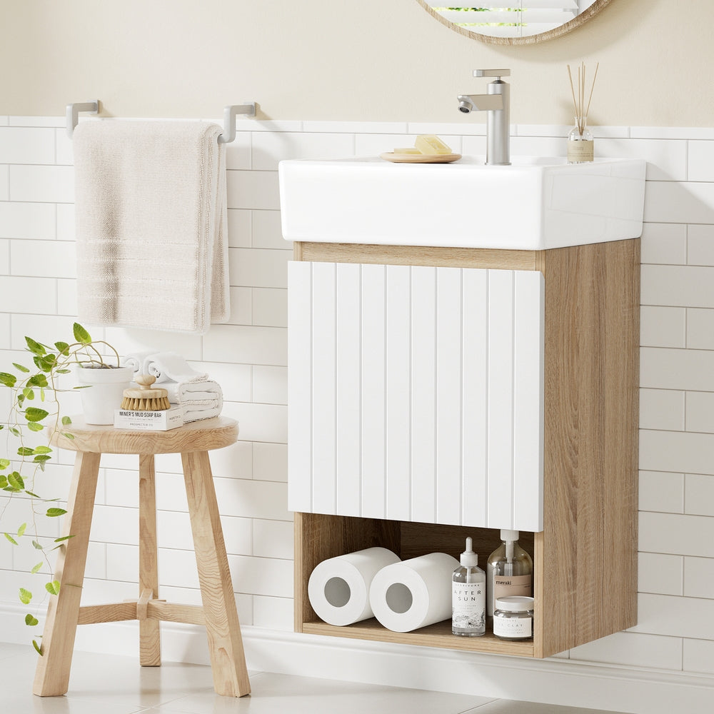 Vanity Unit 445mm Basin Bathroom Cabinet Storage Wall Hung Sink White with striped door and open shelf design