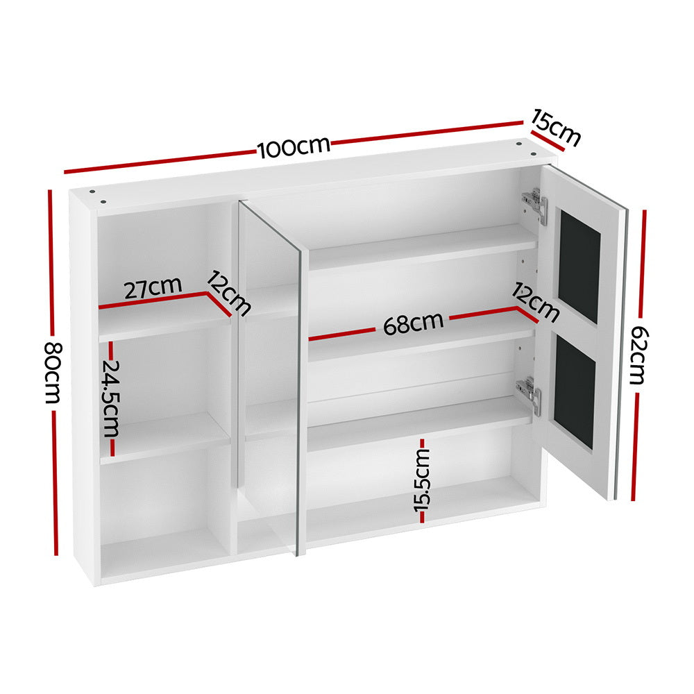 Bathroom Mirror Cabinet 100CM Vanity Medicine Wall Mounted Storage White with detailed shelving and mirrored door dimensions shown