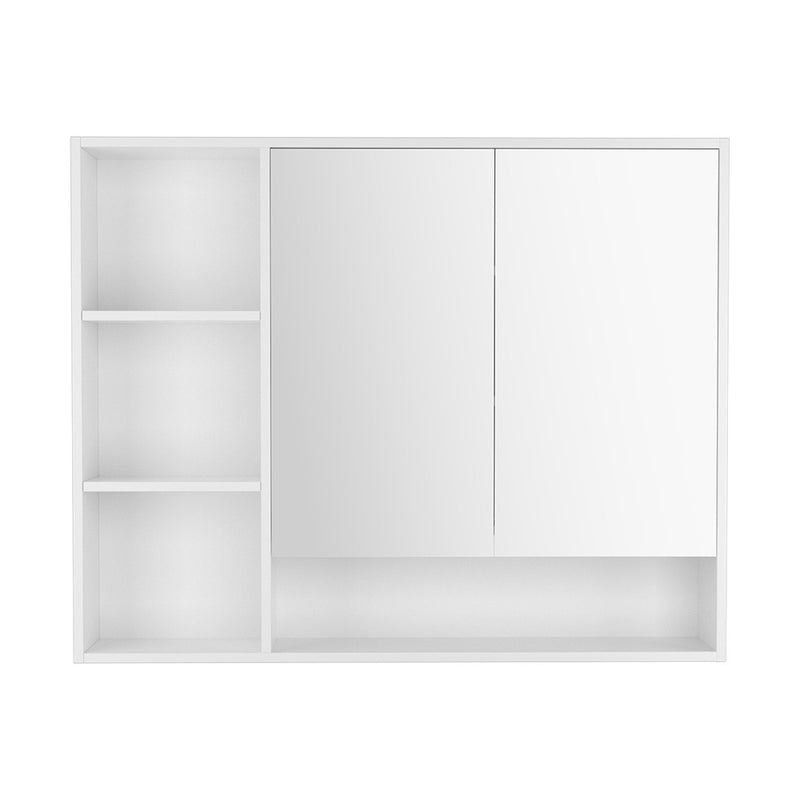 Bathroom Mirror Cabinet 100CM Vanity Medicine Wall Mounted Storage White with open shelving and mirrored doors on white background