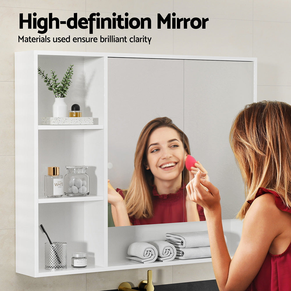 Bathroom Mirror Cabinet 100CM Vanity Medicine Wall Mounted Storage White with shelves and clear mirror shown with woman applying makeup