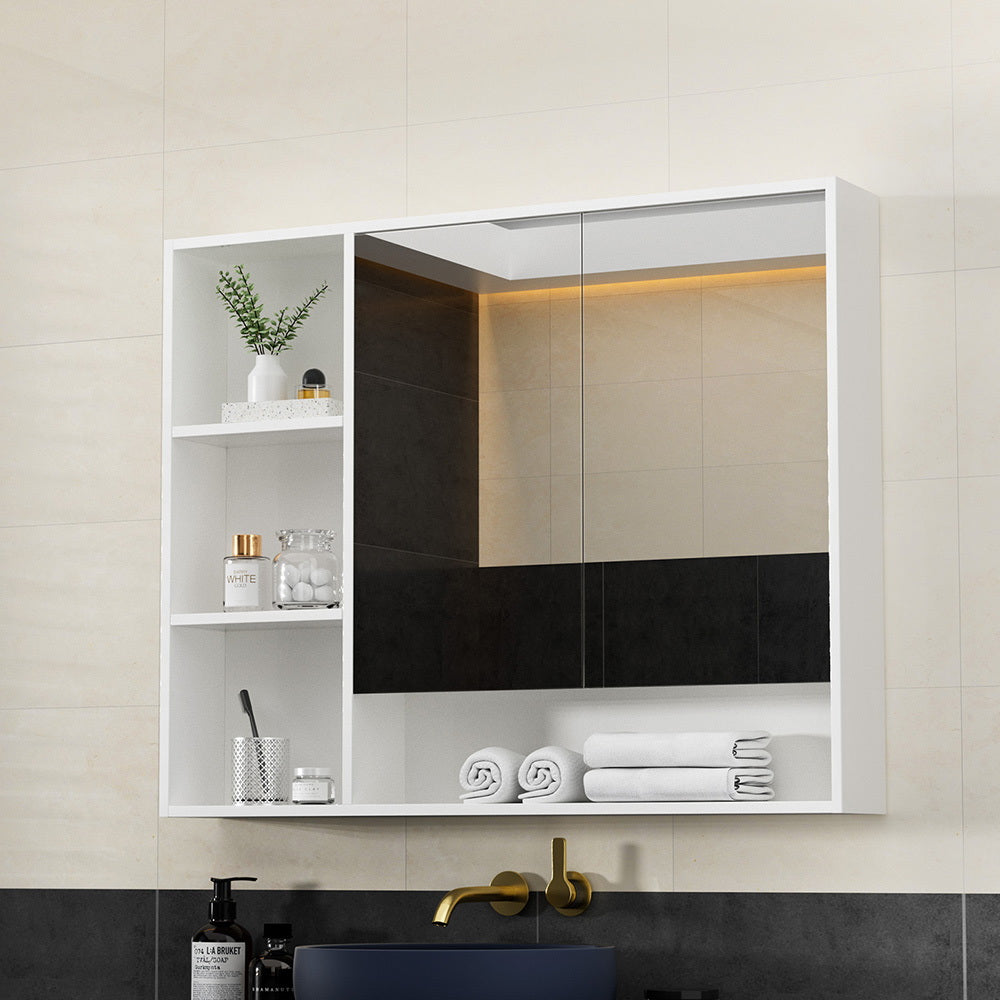 Bathroom Mirror Cabinet 100CM Vanity Medicine Wall Mounted Storage White with open shelving and mirrored doors above sink