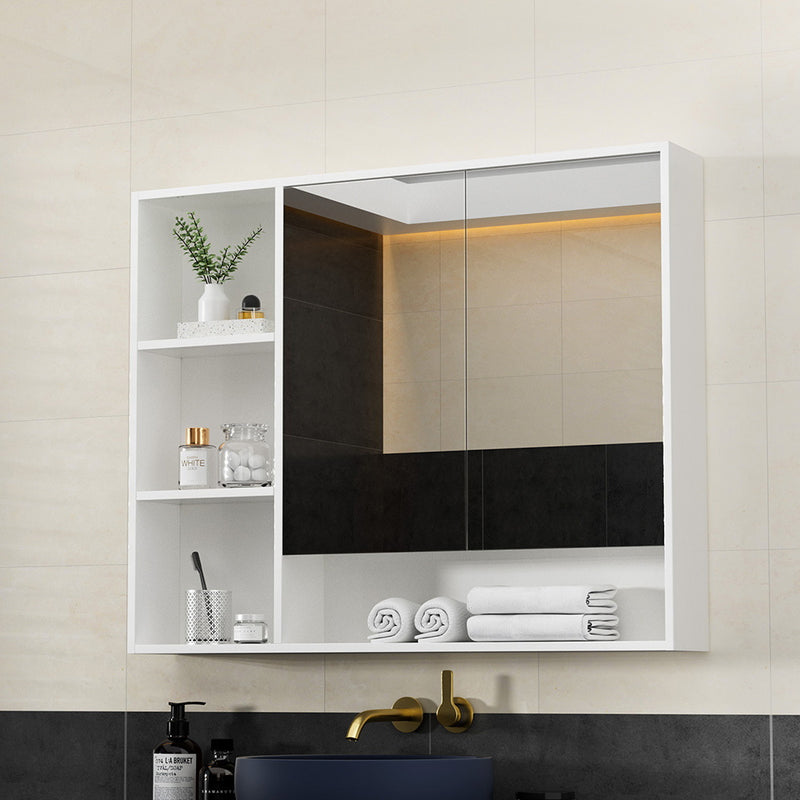 Bathroom Mirror Cabinet 100CM Vanity Medicine Wall Mounted Storage White with open shelving and mirrored doors above sink