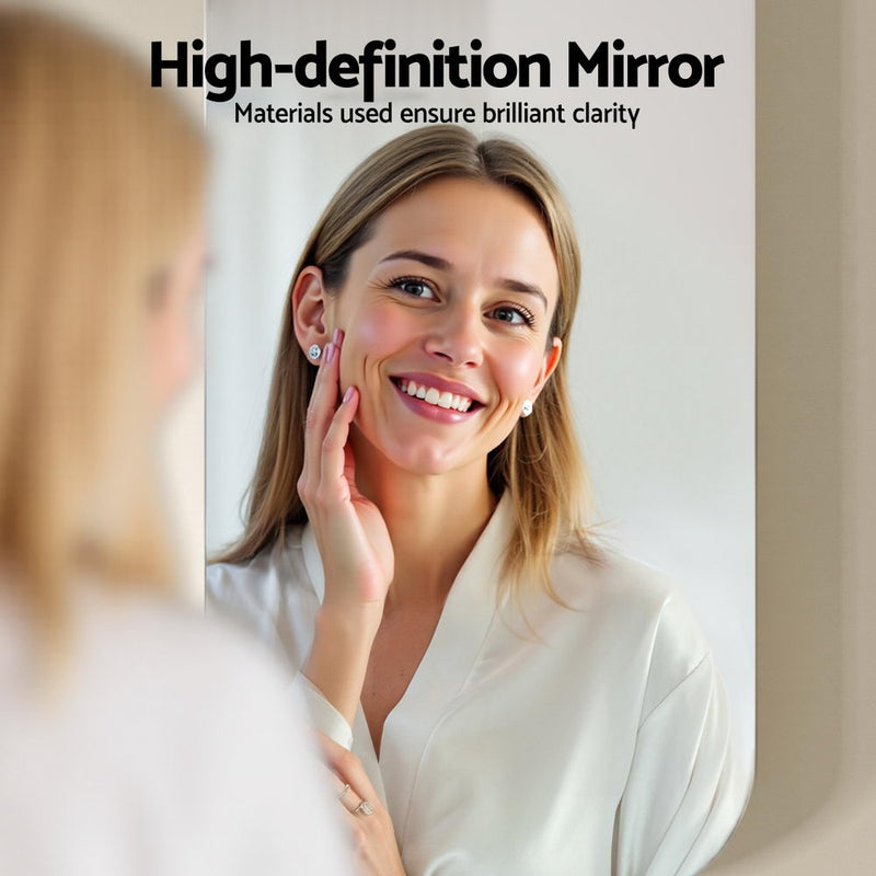 Bathroom Mirror Cabinet Medicine Shaving Arch Wall Hung 450x900mm White showing high-definition mirror clarity with woman smiling