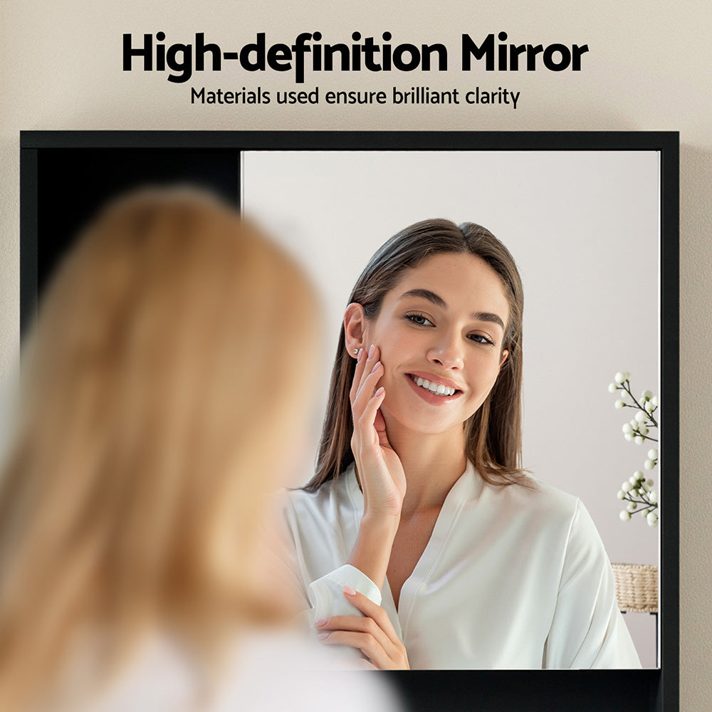 Bathroom Mirror Cabinet Mirrored Medicine Adjustable Shelf Wall Mounted 560mm Black with high-definition reflective surface showing woman’s face