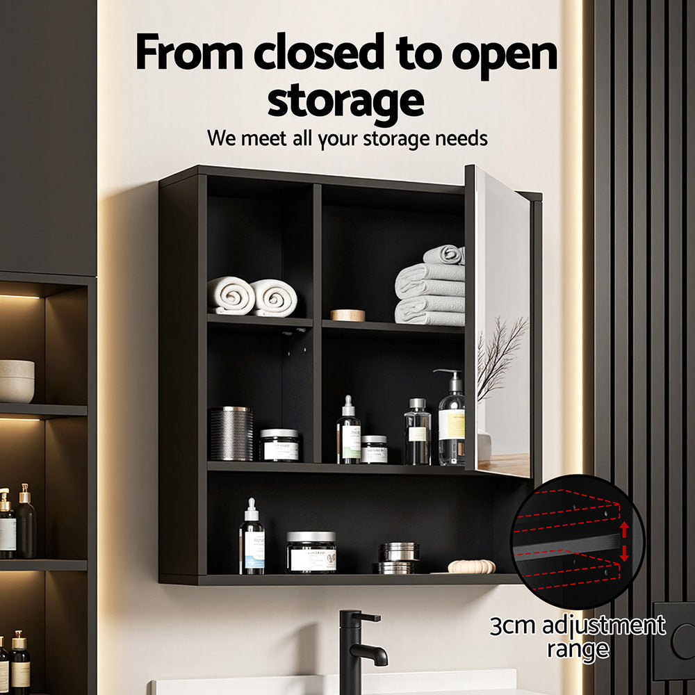 Bathroom Mirror Cabinet Mirrored Medicine Adjustable Shelf Wall Mounted 560mm Black with open storage and 3cm adjustable shelves above sink.