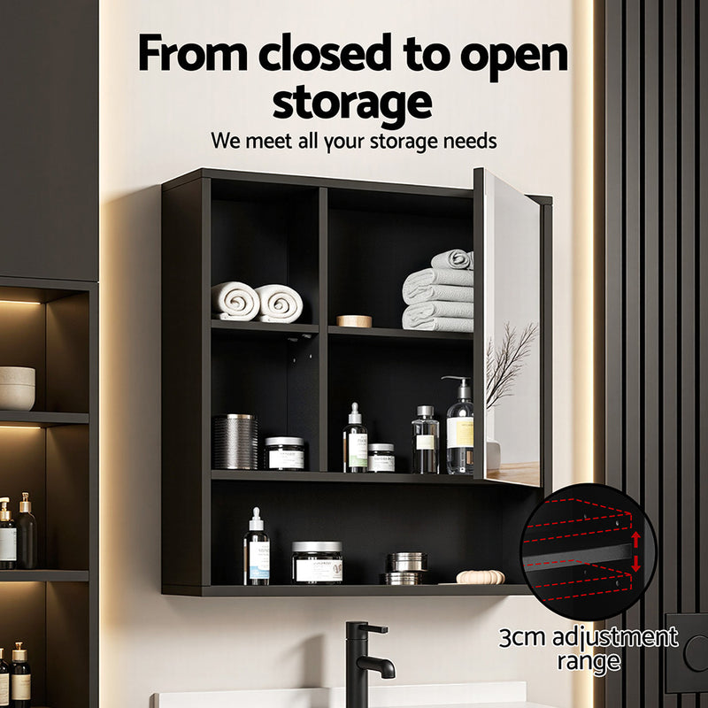 Bathroom Mirror Cabinet Mirrored Medicine Adjustable Shelf Wall Mounted 560mm Black with open storage and 3cm adjustable shelves above sink.