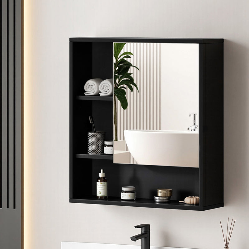 Bathroom Mirror Cabinet Mirrored Medicine Adjustable Shelf Wall Mounted 560mm Black with storage shelves and high-definition mirror
