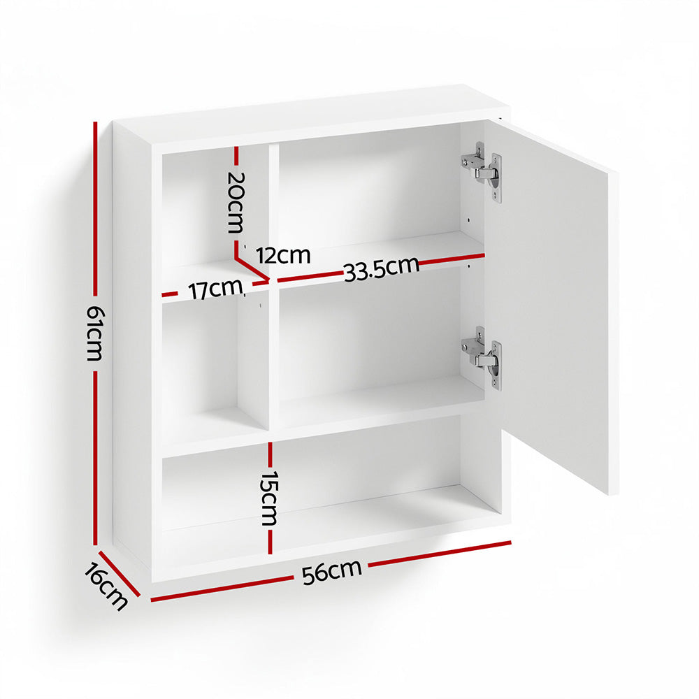 Bathroom Mirror Cabinet Mirrored Medicine Adjustable Shelf Wall Mounted 560mm White with open door showing internal shelves and dimensions.