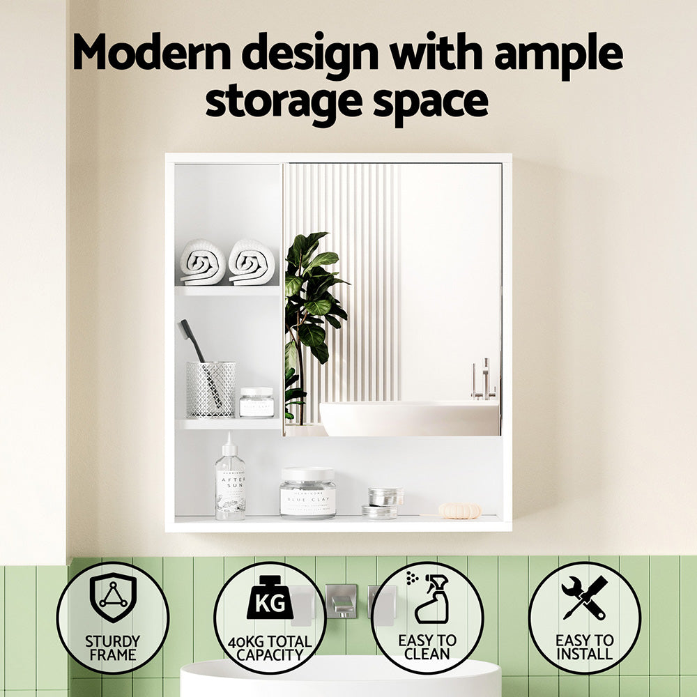 Bathroom Mirror Cabinet Mirrored Medicine Adjustable Shelf Wall Mounted 560mm White with modern design and ample storage space