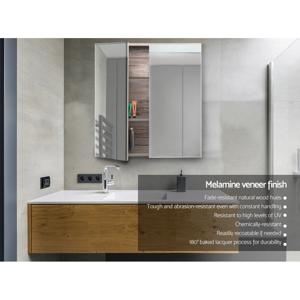 Bathroom Mirror Cabinet 600x720mm Oak with melamine veneer finish, sleek storage, and modern bathroom design