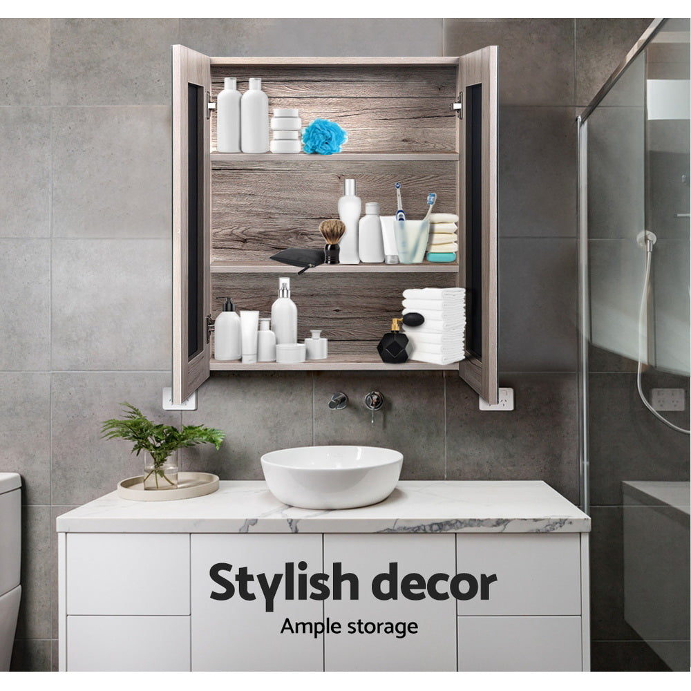 Bathroom Mirror Cabinet 600x720mm Oak with open doors showing organized shelves and modern bathroom decor
