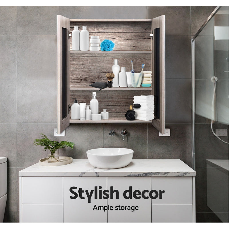 Bathroom Mirror Cabinet 600x720mm Oak with open doors showing organized shelves and modern bathroom decor