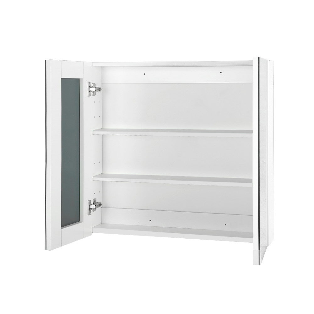 Bathroom Mirror Cabinet 600x720mm White with high gloss finish, two interior shelves, and mirrored doors open for storage.
