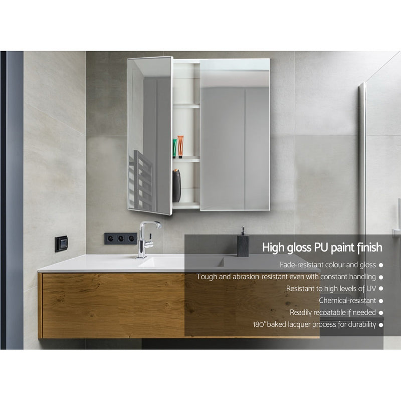 Bathroom Mirror Cabinet 600x720mm White with high gloss finish, mirrored doors, and interior storage shelves above sink