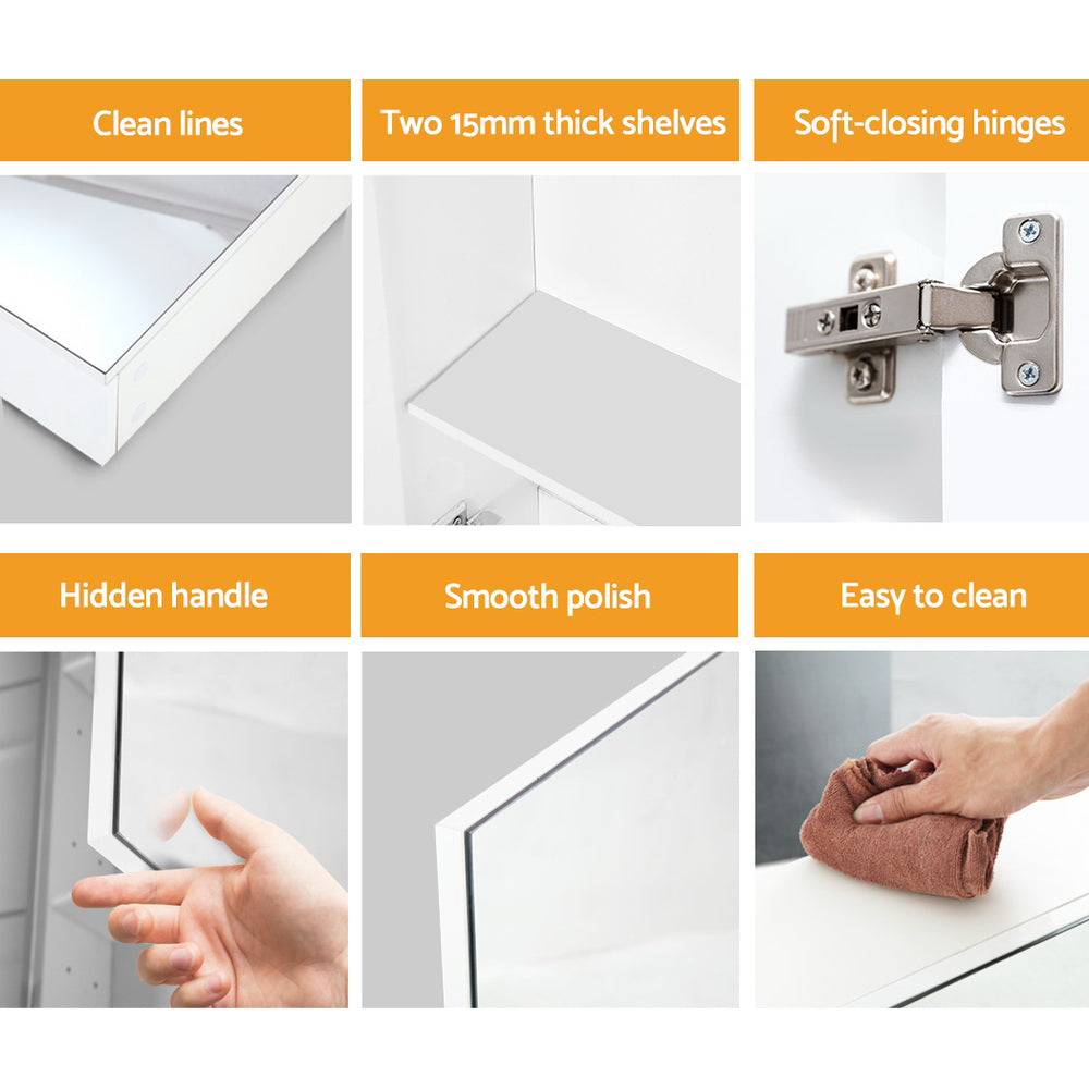 Bathroom Mirror Cabinet 600x720mm White showing clean lines, shelves, soft-closing hinges, hidden handle, smooth polish, and easy cleaning features