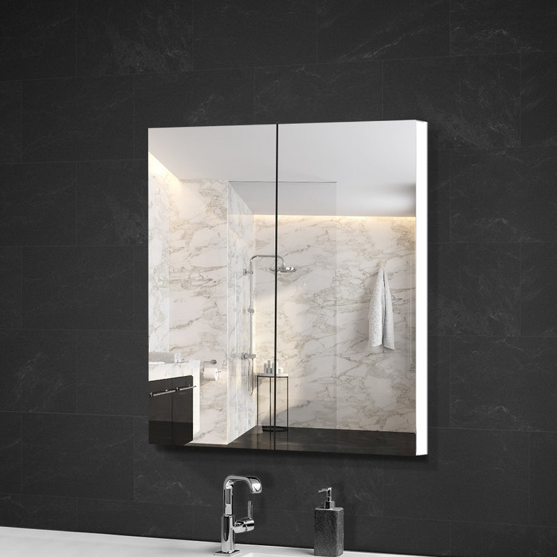 Bathroom Mirror Cabinet 600x720mm White with mirrored doors and sleek design mounted on dark wall above bathroom sink
