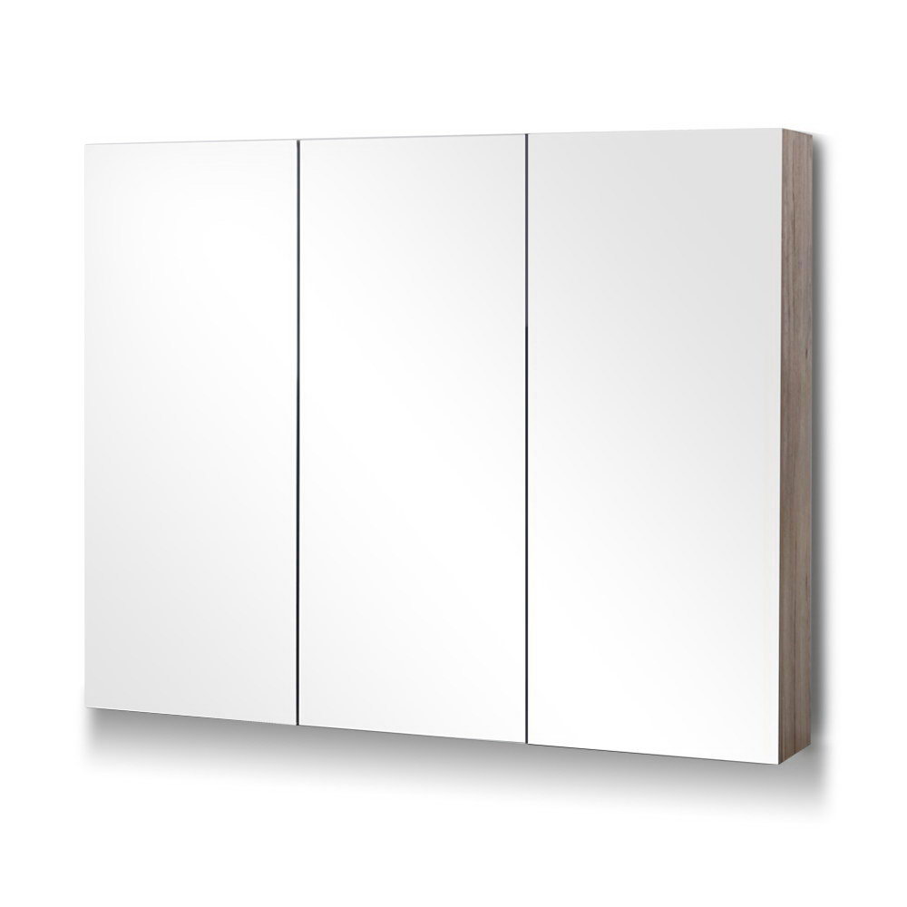 Bathroom Mirror Cabinet 900x720mm Oak with three mirrored doors and oak-finished sides for bathroom storage.