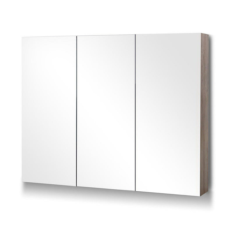 Bathroom Mirror Cabinet 900x720mm Oak with three mirrored doors and oak-finished sides for bathroom storage.