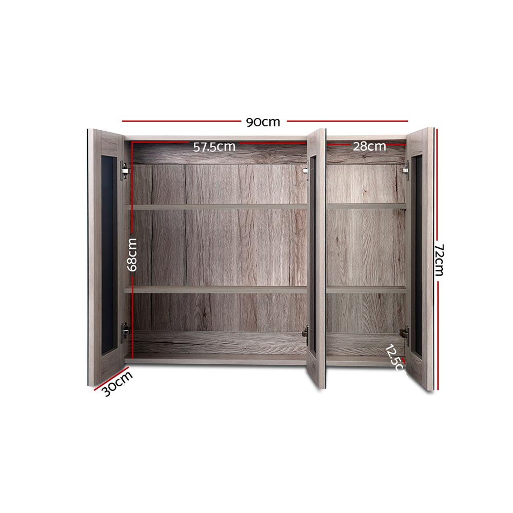Bathroom Mirror Cabinet 900x720mm Oak with double doors and internal shelving, shown with measurements in centimeters