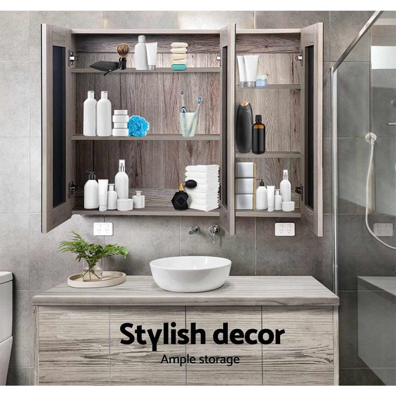 Bathroom Mirror Cabinet 900x720mm Oak with open doors showing organized shelves and bathroom essentials storage.