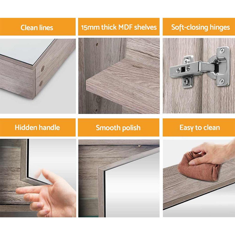 Bathroom Mirror Cabinet 900x720mm Oak with clean lines, 15mm MDF shelves, soft-closing hinges, hidden handle, smooth polish, easy to clean.