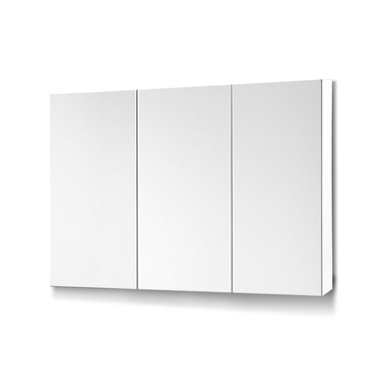 Bathroom Vanity Mirror with Storage Cabinet - White with three mirrored doors and high gloss finish on white background