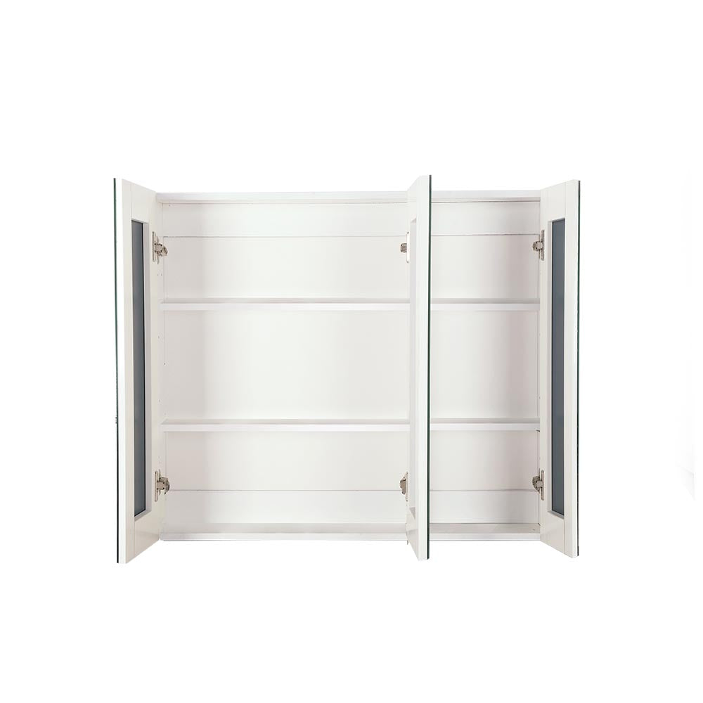 Bathroom Vanity Mirror with Storage Cabinet - White with three open doors showing spacious interior shelves and mirror panels.
