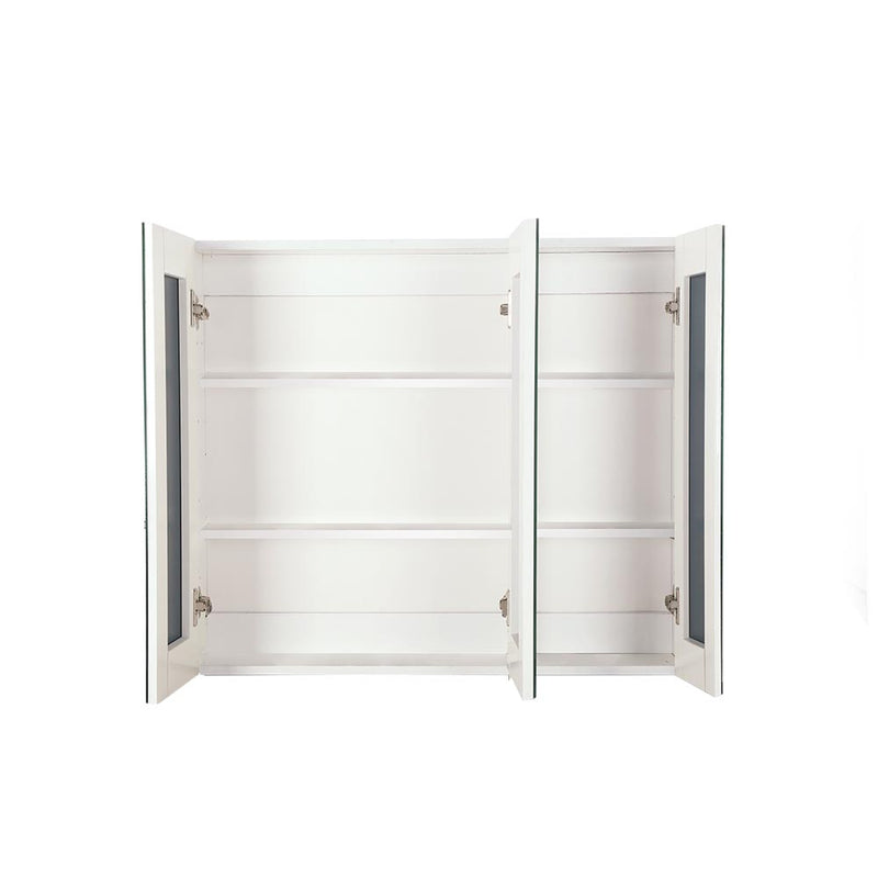 Bathroom Vanity Mirror with Storage Cabinet - White with three open doors showing spacious interior shelves and mirror panels.