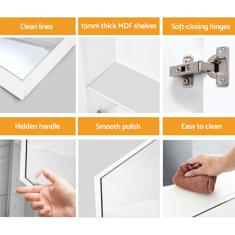 Bathroom Vanity Mirror with Storage Cabinet - White showing clean lines, MDF shelves, soft-closing hinges, hidden handle, smooth polish, and easy cleaning